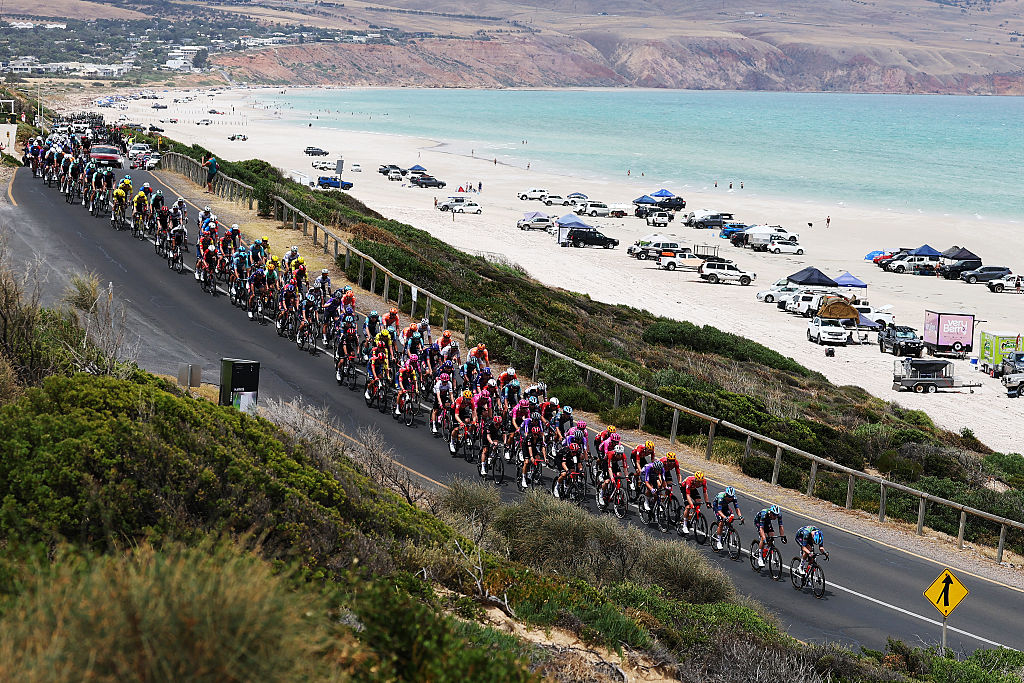 WILLUNGA, AUSTRALIA - JANUARY 24: A general view of the peloton competing during the 26th Santos Tour Down Under 2026, Stage 4 a 130.8km stage from Brighton to Willunga / #UCIWT / on January 24, 2026 in Willunga, Australia. (Photo by Con Chronis/Getty Images)