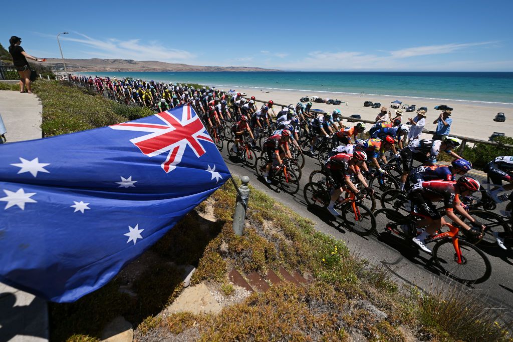 WILLUNGA HILL, AUSTRALIA - JANUARY 25: A general view of the peloton passing through Aldinga Beach landscape during the 25th Santos Tour Down Under 2025, Stage 5 a 145.7km stage from McLaren Vale to Willunga Hill 371m / #UCIWT / on January 25, 2025 in Willunga Hill, Australia. (Photo by Dario Belingheri/Getty Images)