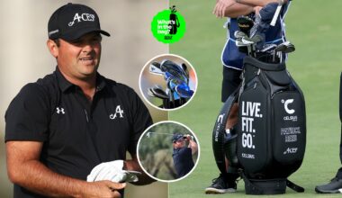 Patrick Reed and his golf bag, with pictures of various images in the middle