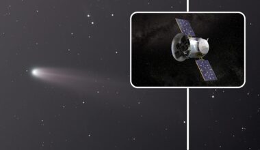 A streaking white comet moves to the left of the image with a boxout showing a floating metal spacecraft with two opposing solar panels in space
