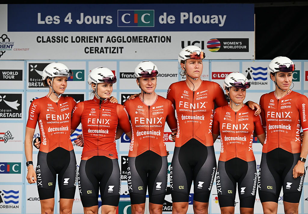 PLOUAY, FRANCE - AUGUST 30: A general view of Christina Schweinberger of Austria, Marthe Truyen of Belgium, Evy Kuijpers of Netherlands, Carina Schrempf of Austria, Sara Casasola of Italy, Aniek Van Alphen of Netherlands and Team Fenix-Deceuninck prior to the 24th GP de Plouay - Lorient- Agglomeration Trophee 2025 a 165.3km one day race from Plouay to Plouay / #UCIWWT / on August 30, 2025 in Plouay, France. (Photo by Luc Claessen/Getty Images)