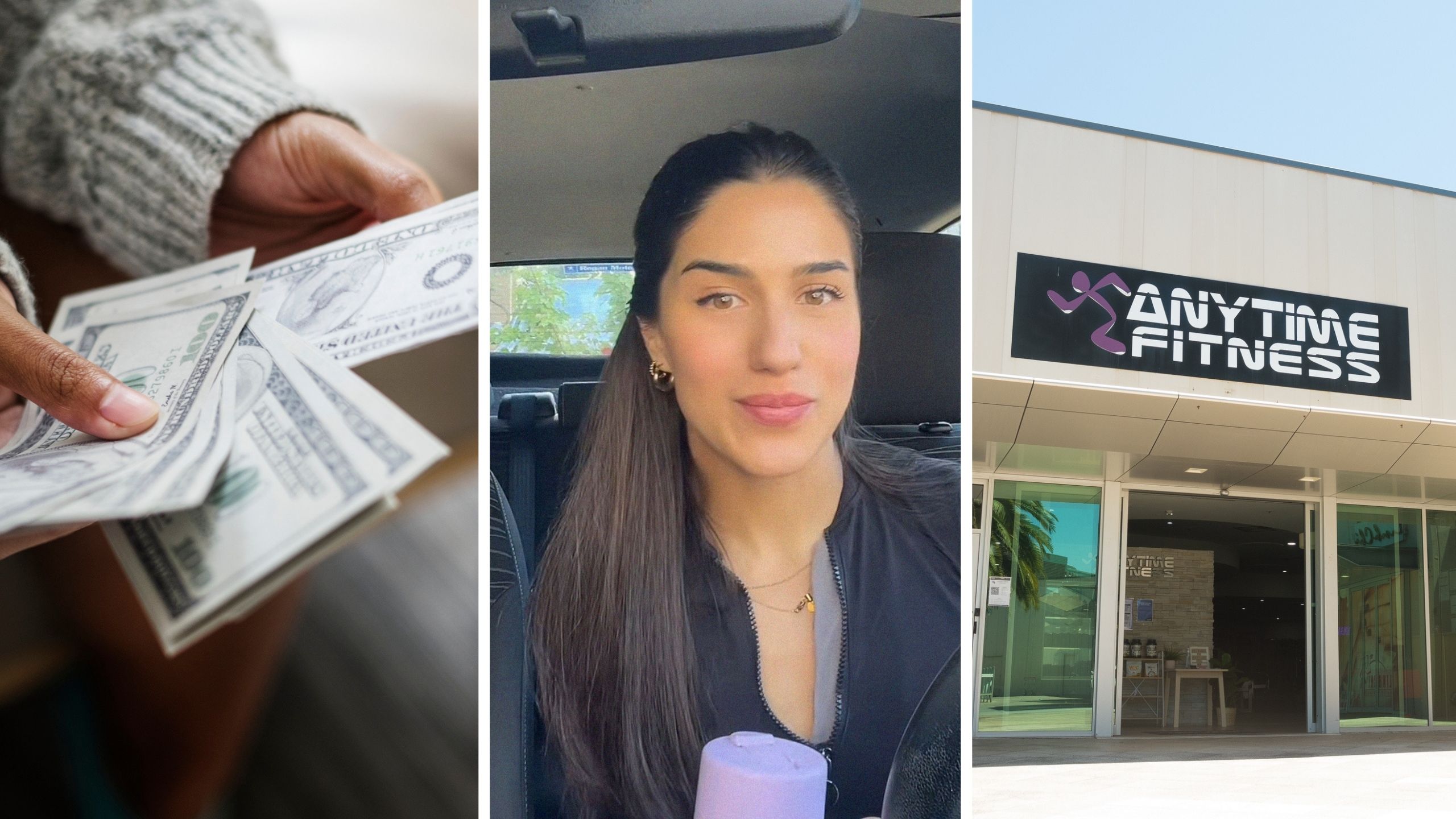 woman counting money (l) woman shares gym experiences (c) Anytime fitness front entrance (r)