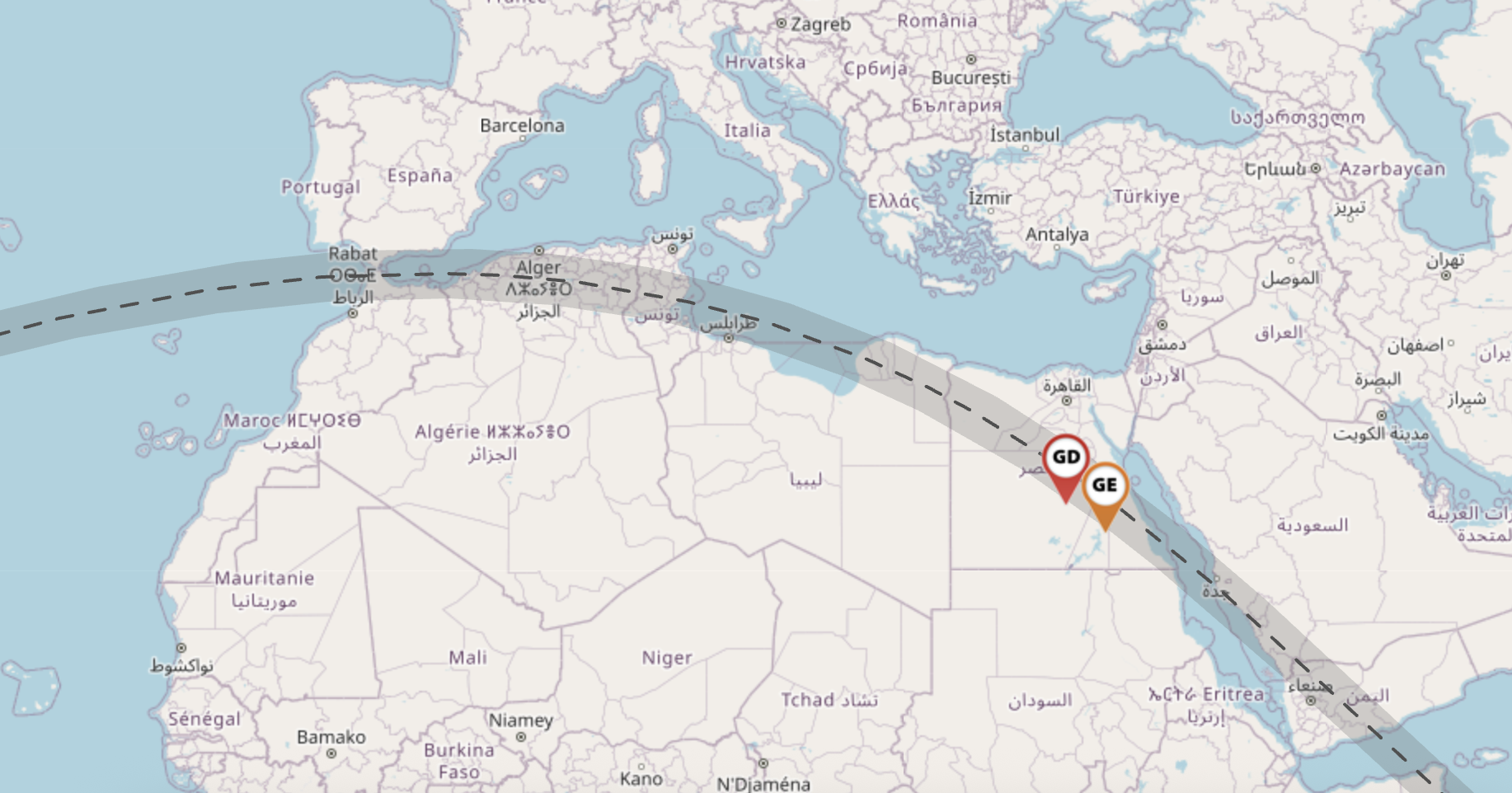 The path of totality over Africa in 2027