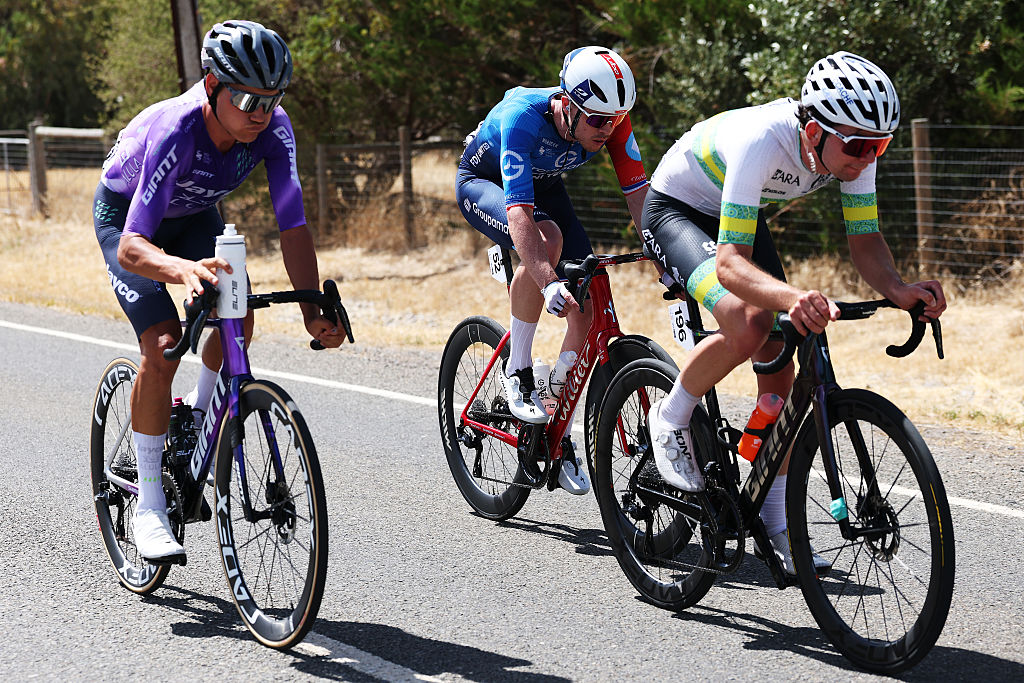 WILLUNGA, AUSTRALIA - JANUARY 24: (L-R) Luke Plapp of Australia and Team Jayco AlUla, Remi Cavagna of France and Team Groupama - FDJ United and Matthew Greenwood of Australia and Team Australia compete in the breakaway during the 26th Santos Tour Down Under 2026, Stage 4 a 130.8km stage from Brighton to Willunga / #UCIWT / on January 24, 2026 in Willunga, Australia. (Photo by Con Chronis/Getty Images)