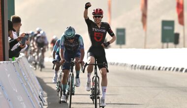 BIR JAYDAH MOUNTAIN WIRKAH, SAUDI ARABIA - JANUARY 29: Yannis Voisard of Switzerland and Team Tudor Pro Cycling celebrates at finish line as stage winner during the 6th AlUla Tour 2026, Stage 3 a 142.1km stage from Winter Park - Alula to Bir Jaydah Mountain Wirkah 955m on January 29, 2026 in Winter Park - Alula, Saudi Arabia. (Photo by Dario Belingheri/Getty Images)