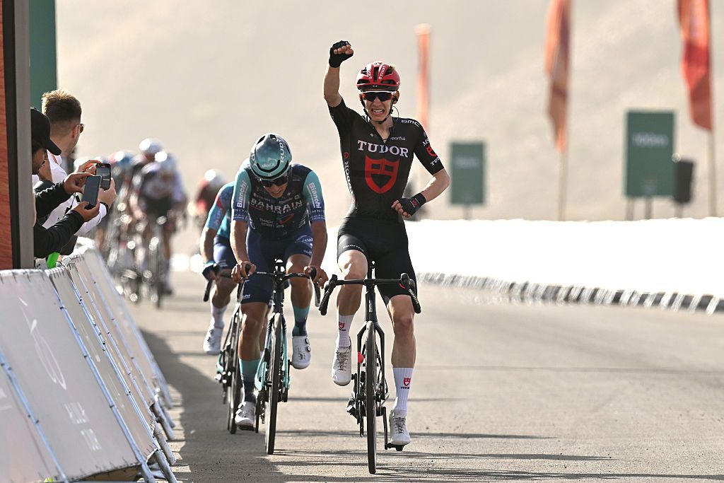 BIR JAYDAH MOUNTAIN WIRKAH, SAUDI ARABIA - JANUARY 29: Yannis Voisard of Switzerland and Team Tudor Pro Cycling celebrates at finish line as stage winner during the 6th AlUla Tour 2026, Stage 3 a 142.1km stage from Winter Park - Alula to Bir Jaydah Mountain Wirkah 955m on January 29, 2026 in Winter Park - Alula, Saudi Arabia. (Photo by Dario Belingheri/Getty Images)