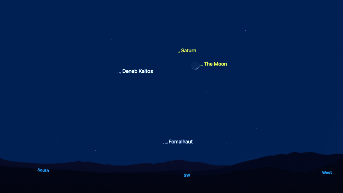 A simulation of the night sky for Jan. 22 showing the slender waxing crescent moon above the silhouetted southwestern horizon, with Saturn labelled close to its upper left in a dark blue sky.