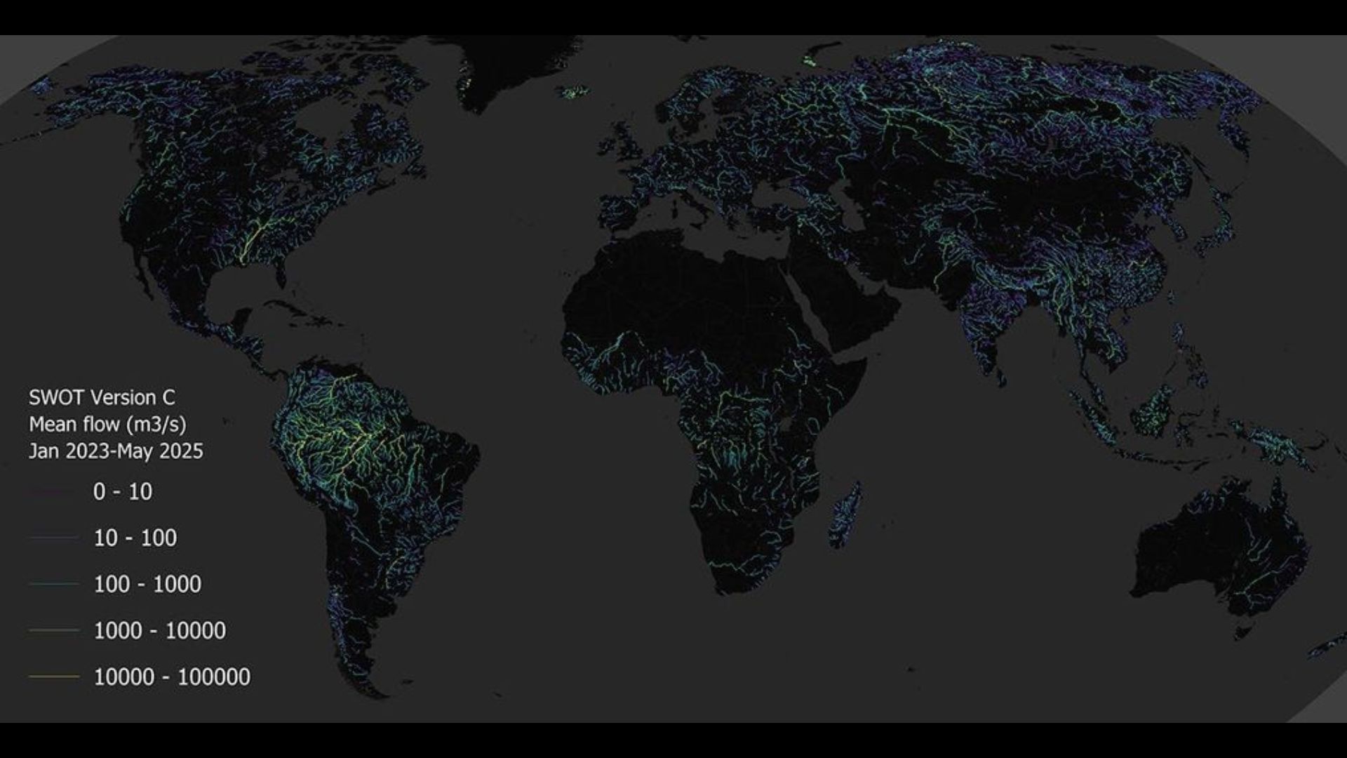 An image of the world with various lines of green and blue showing the river system with a table of numbers on the left showing main flow levels corresponding to various colors.