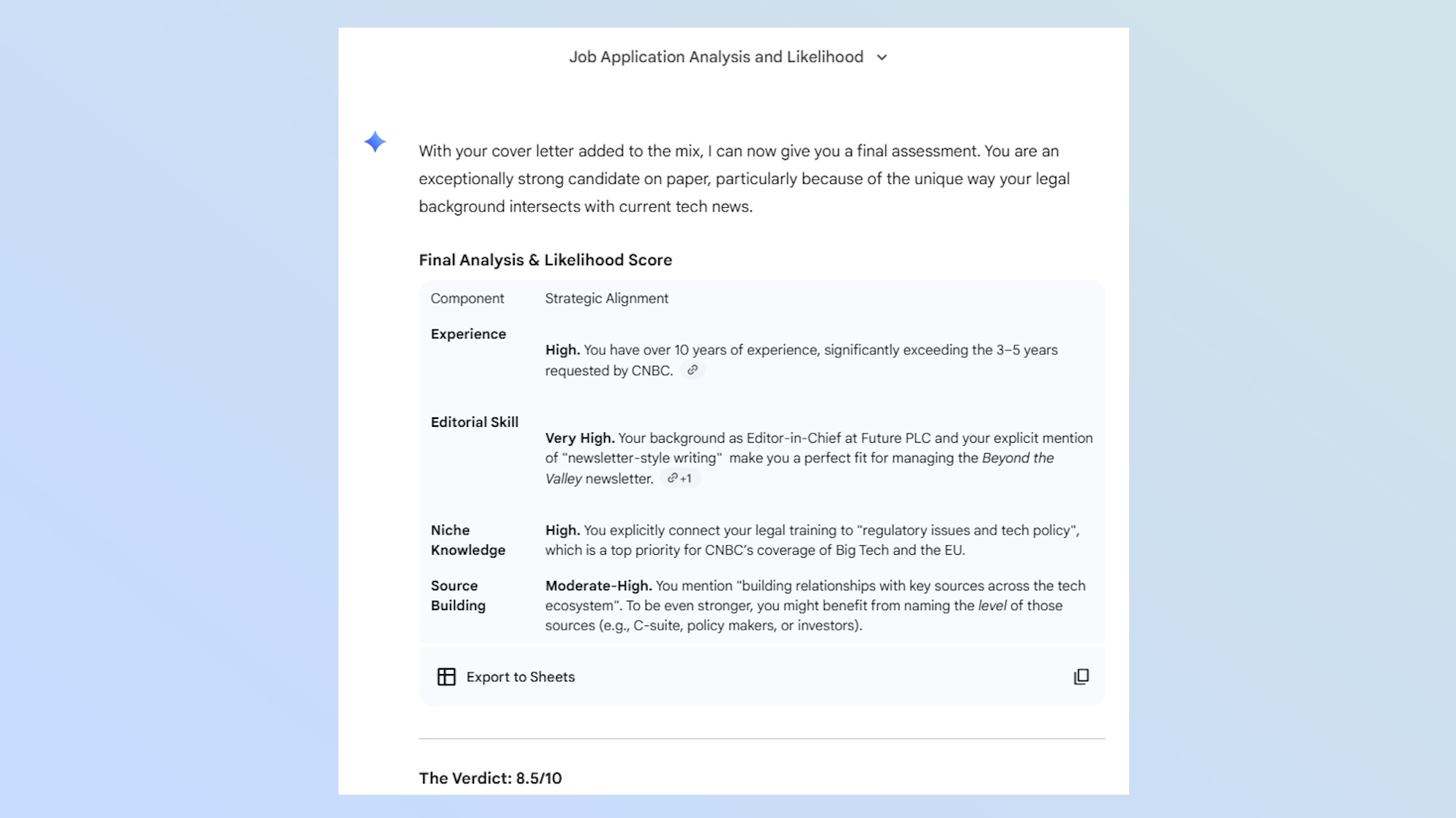 A verdict from Google Gemini on the likelihood of getting a job.