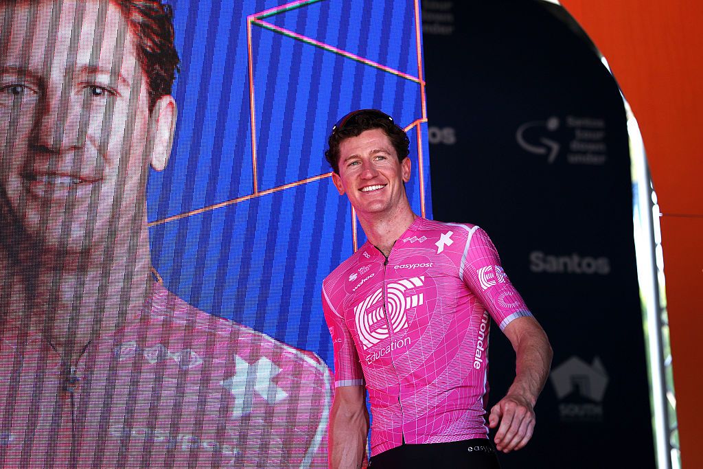 STIRLING, AUSTRALIA - JANUARY 25: Harry Sweeny of Australia and Team EF Education - EasyPost on third place poses on the podium ceremony after the 26th Santos Tour Down Under 2026, Stage 5 a 169.8km stage from Stirling to Stirling / #UCIWT / on January 25, 2026 in Stirling, Australia. (Photo by Con Chronis/Getty Images)