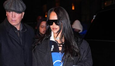 Rihanna revives 2025's rugby shirt trend, paired with layered jackets, white pointed-toe pumps, and Balenciaga pants