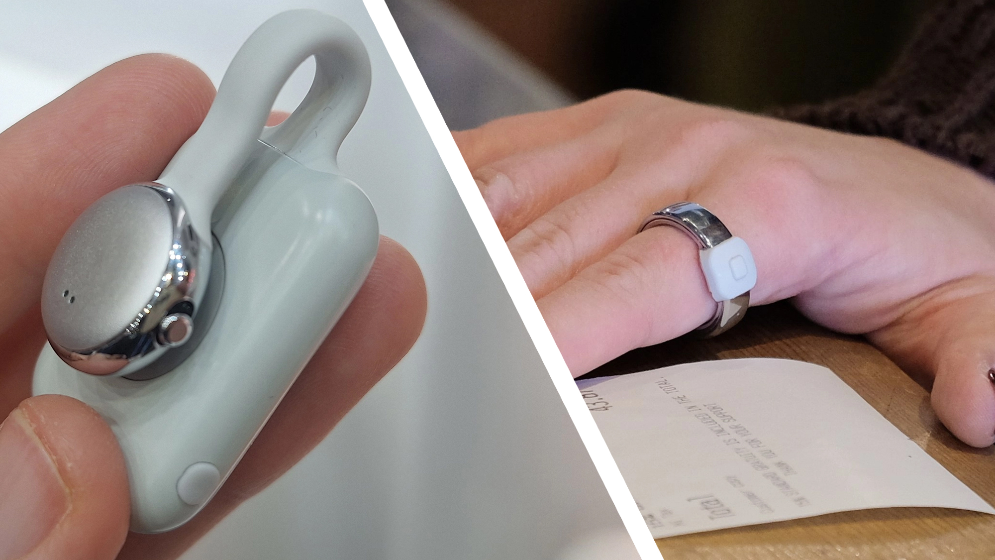 Fingers holding the SwitchBot AI Mindclip next to a hand on a table wearing the Pebble Index 01