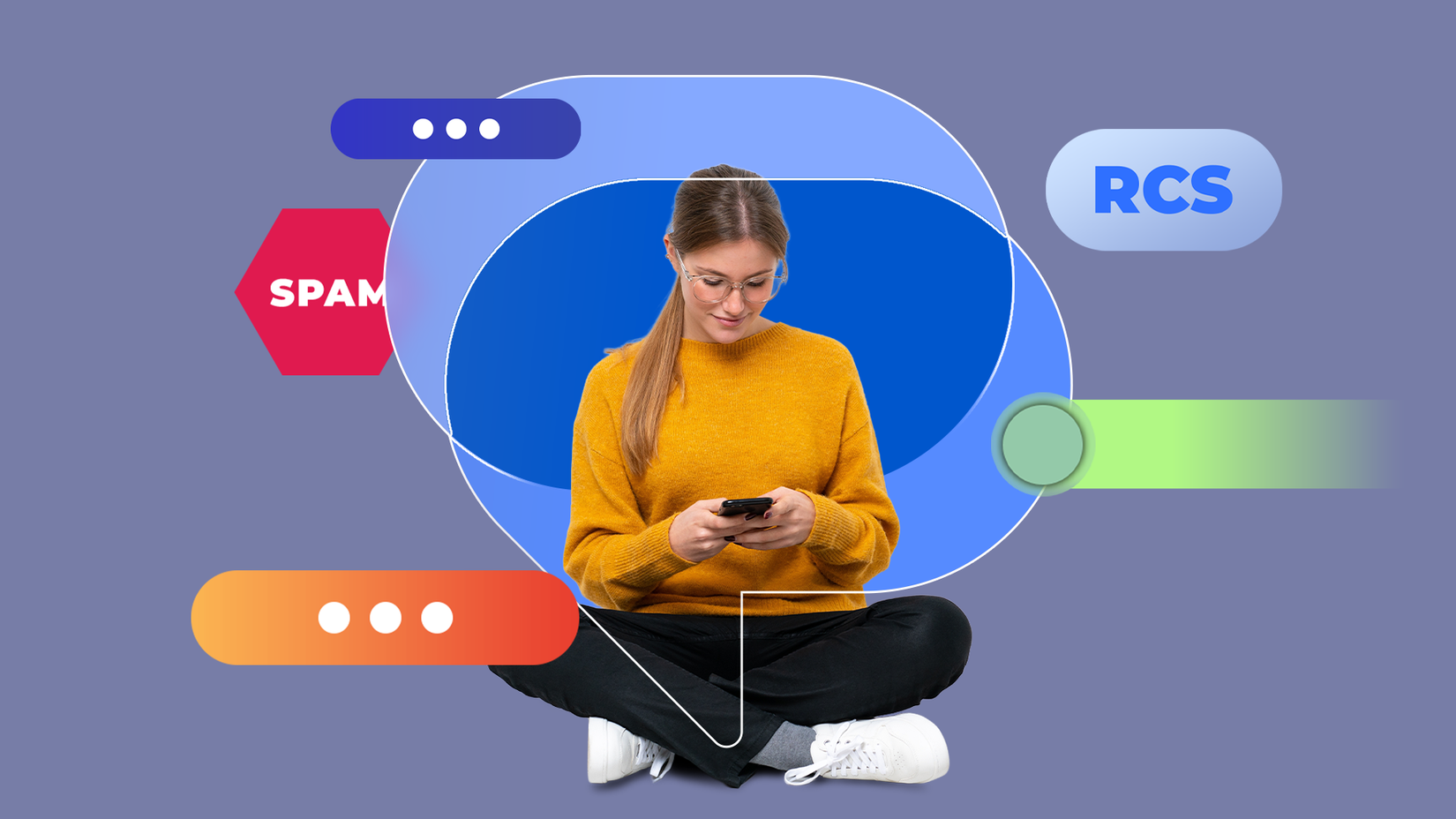 A woman sitting cross-legged while using her phone, surrounded by Google Messages interface elements such as RCS, spam protection, and chat bubbles.