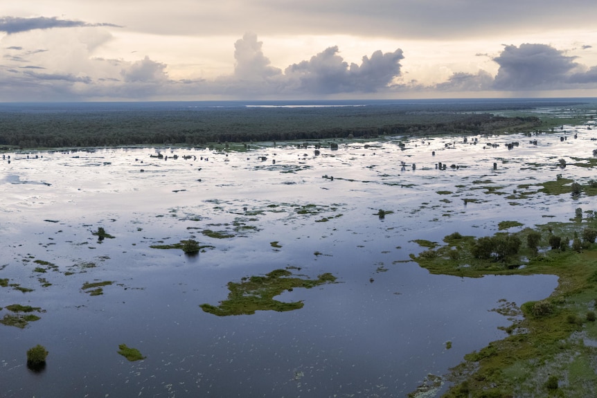 An aerial photo of a flooded national park.