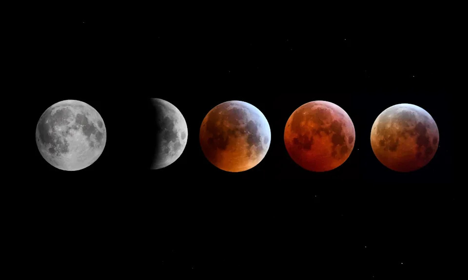 Composite image of five different stages of a total lunar eclipse