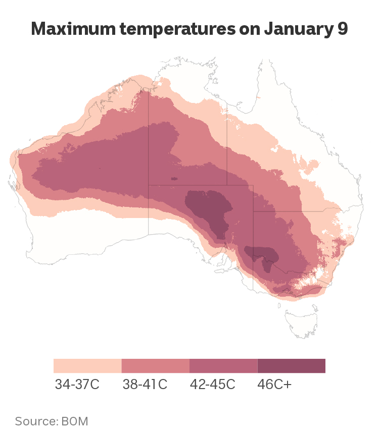 Map of maximum temperatures on Jan 9 shows parts of South Australia, Victoria and NSW reaching into the mid 40s or higher.