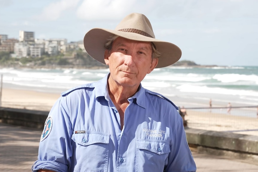 David Baxter Founder marine Life Rangers stands at the beach while giving an interview