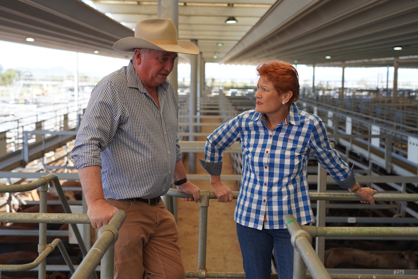 A man and a woman stand in an agricultural building.