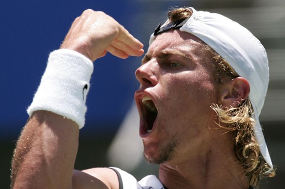 Lleyton Hewitt celebrating a point in a 2005 match at the Sydney International.