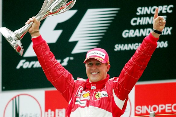 Michael Schumacher celebrates winning the Chinese F1 GP in 2006.