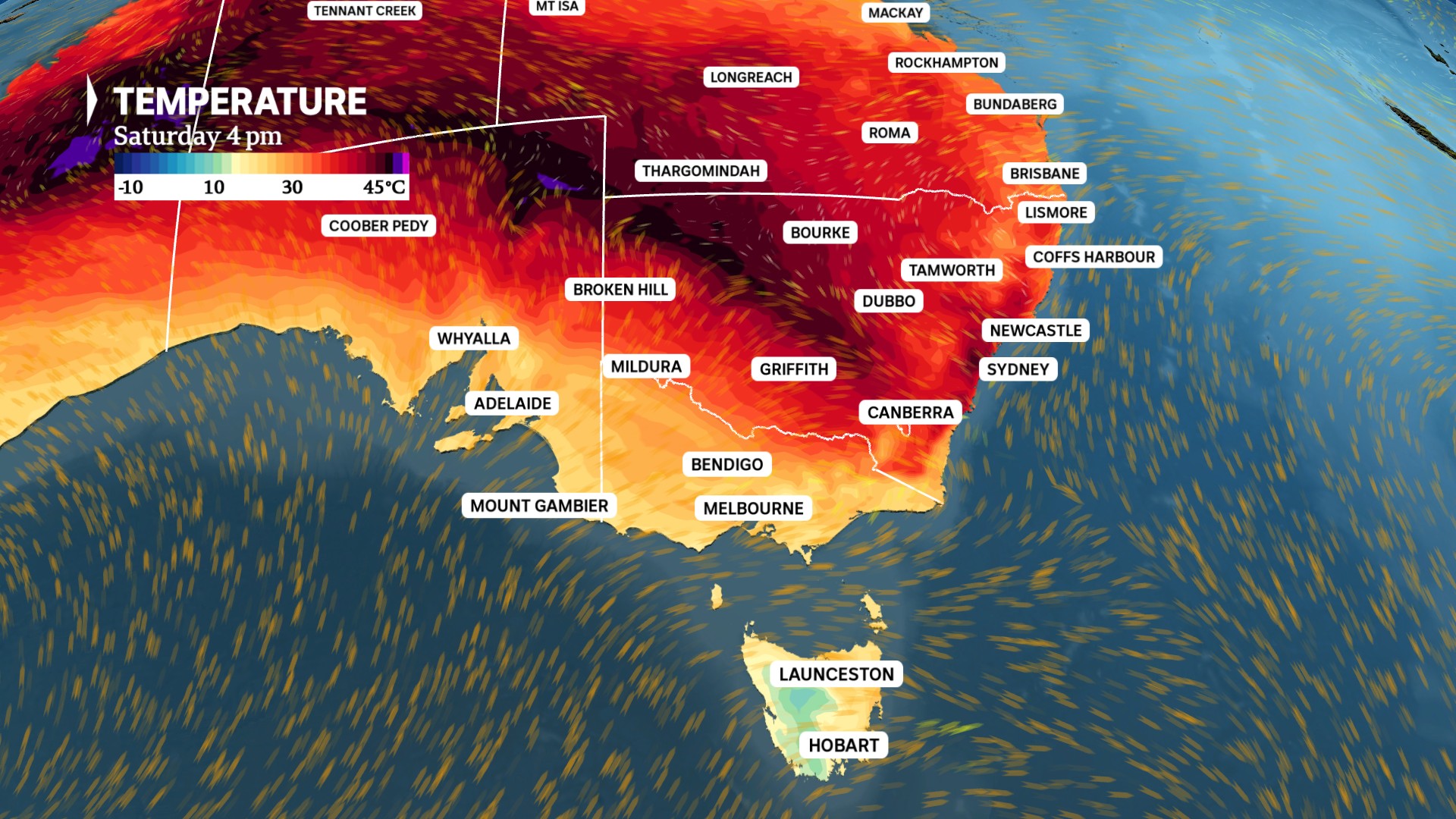 Map of Australia showing temperatures for Saturday.