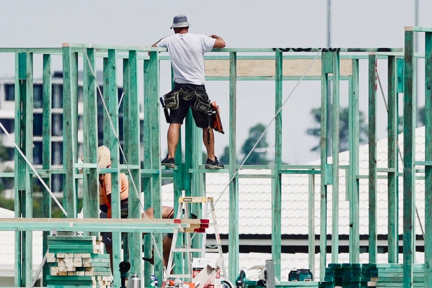Housing under construction, worker climbing frames, wears shorts, white tee and hat, has tools belt around waist.