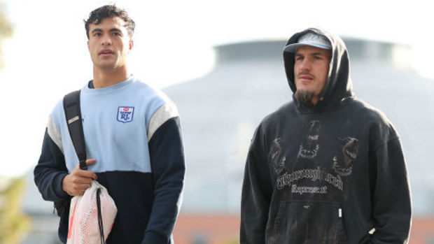 Joseph-Aukuso Suaalii and Angus Crichton walk to the team hotel at Sydney Olympic Park.