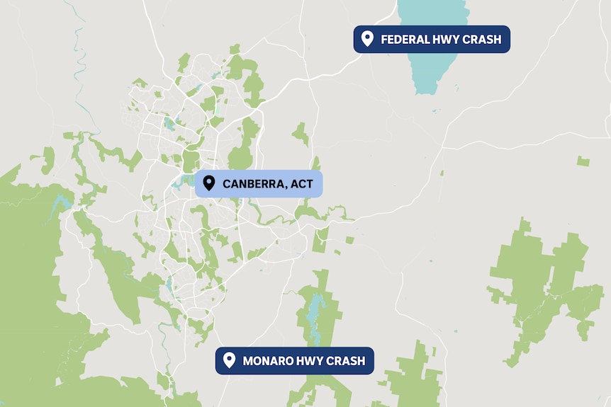 A map showing two car crash sites at either end of the Australian Capital Territory.