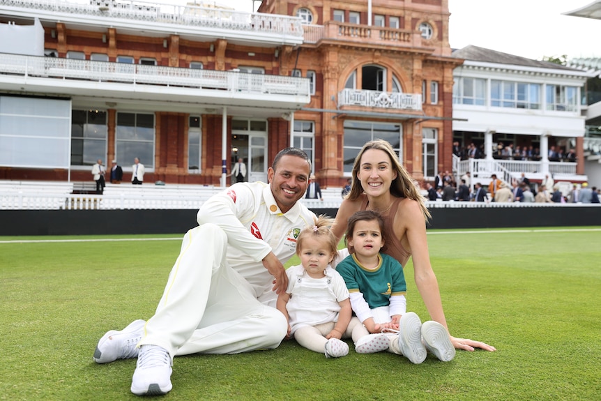 Usman Khawaja sits on the Lord's turf with wife Rachel and his two daughters.