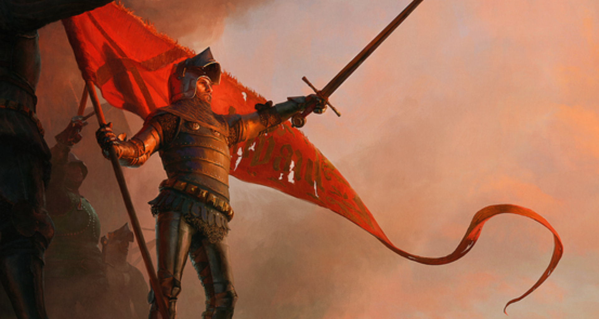Knight holding a sword and standing in front of a red flag