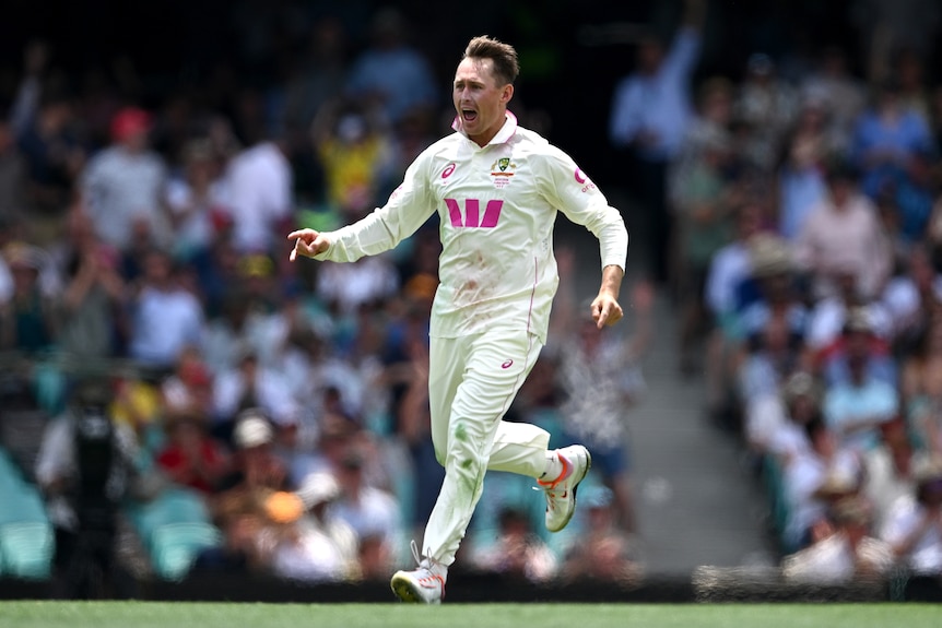 Australia bowler Marnus Labuschagne shouts to celebrate a wicket at the SCG.