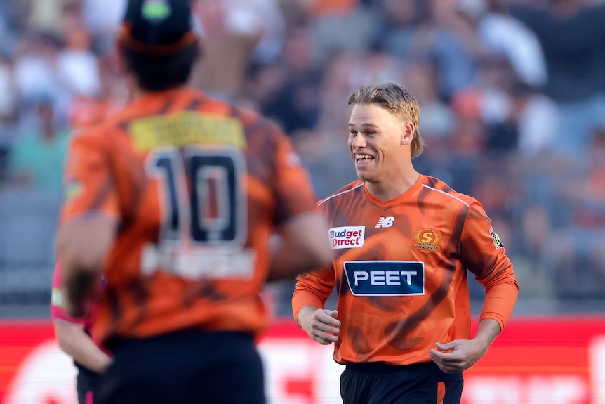 Cooper Connolly smiles after taking a wicket