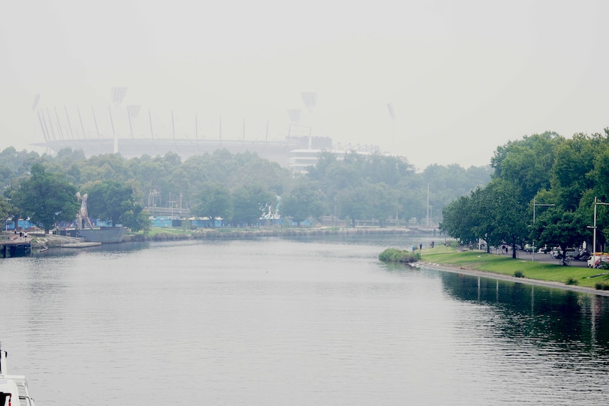 The Melbourne Cricket ground covered in hazy smoke