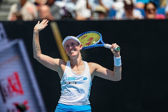 Storm Hunter thanks the crowd after her round one win at the Australian Open.