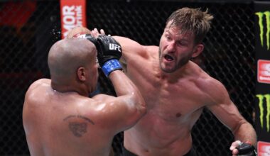 LAS VEGAS, NEVADA - AUGUST 15: In this handout image provided by UFC, Stipe Miocic (R) punches Daniel Cormier in their UFC heavyweight championship bout during the UFC 252 event at UFC APEX on August 15, 2020 in Las Vegas, Nevada. (Photo by Jeff Bottari/Zuffa LLC via Getty Images)