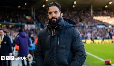 Manchester United head coach Ruben Amorim in a dark winter coat on the touchline before the 1-1 draw with Leeds