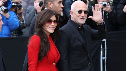 Lauren Sanchez Bezos and Jeff Bezos arrive at the Schiaparelli and Dior haute couture shows during paris Fashion Week.