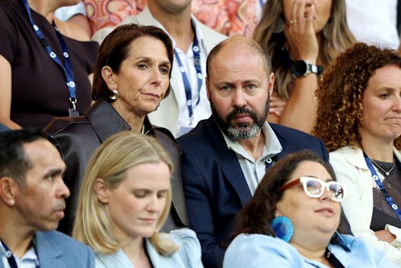 Jayne Hrdlicka and Josh Frydenberg in the crowd at the Australian Open last week.