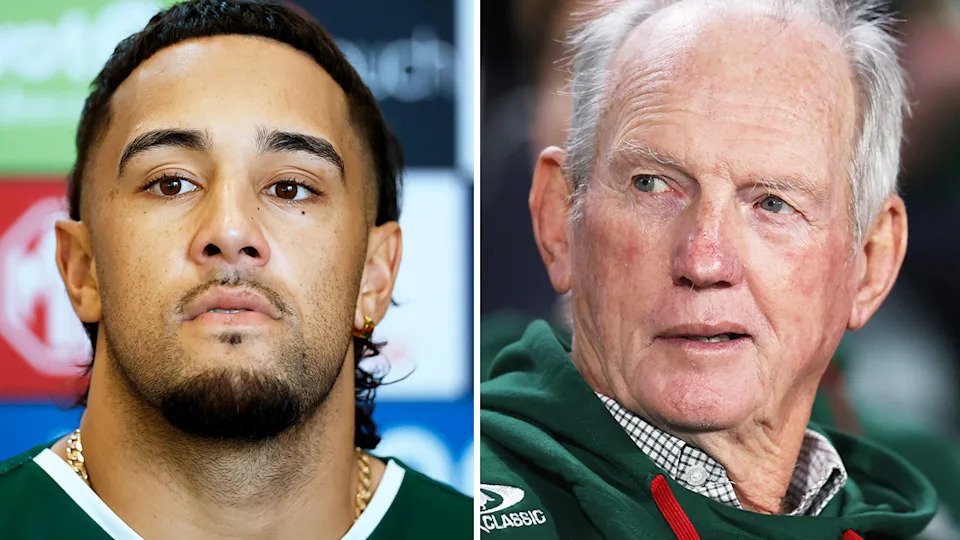 The Rabbitohs could be set to announce the signing of former Knights forward Adam Elliot from free agency after the club copped a major blow having lost NSW Origin and Kangaroos forward Keaon Koloamatangi (pictured left) to the Dragons in 2027. (Images: Getty Images)