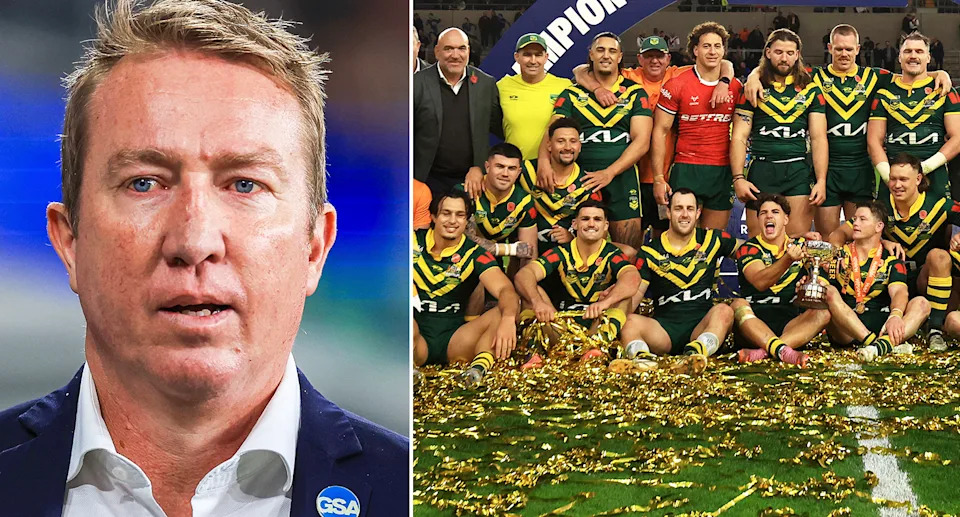 Trent Robinson (L) and the Sydney Roosters could go after Tino Fa'asuamaleaui with Kangaroos teammates Angus Crichton and Mark Nawaqanitawase (R) both leaving the NRL. Image: Getty
