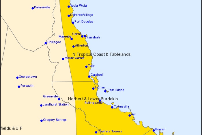 A warning area from the bureau covers the a map of Queensland's north coast from Ayr to Bowen. 