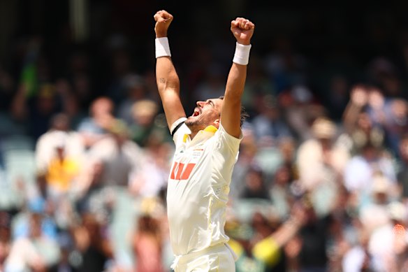 Mitchell Starc celebrates after dismissing Will Jacks in Adelaide.