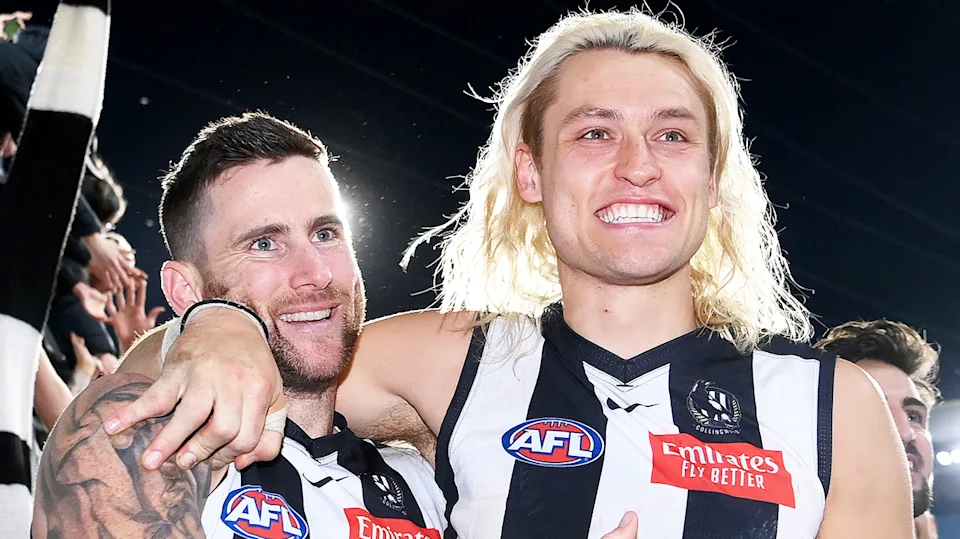 Kane Cornes has taken aim at the schedule for AFL clubs with Darcy Moore (pictured right) and Jeremy Howe (pictured left) the latest two players to get injured returning to pre-season training. (Getty Images)