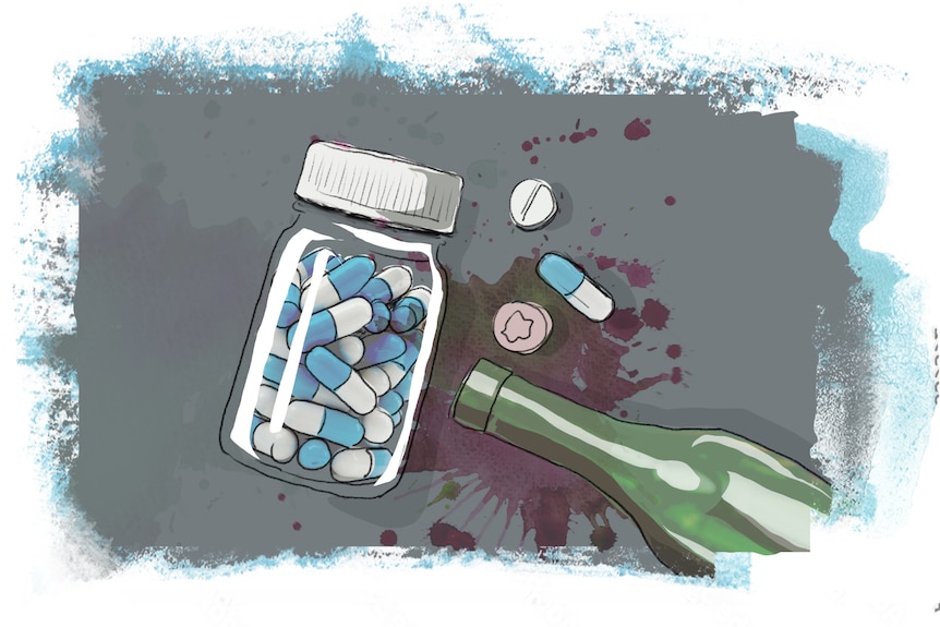 A drawing of a bottle of pills and a spilt wine bottle.