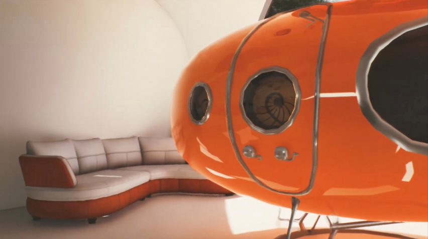 Digital rendering of a sparse living area with a long, curving sofa in the background and a spaceship-like bright orange pod with porthole windows in the foreground