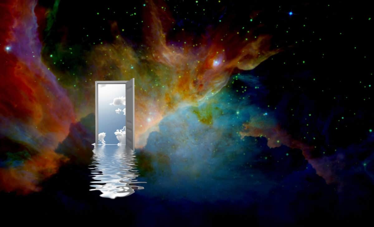 An Open Door With Sky And Water Rippling Reflections In The Deep Space
