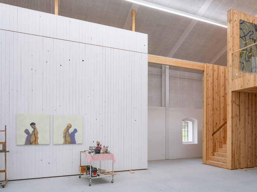 Interior of Michael Kvium's studio, a historic barn restored by architect Martin Schack