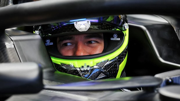 Sergio Perez at the wheel of the new Cadillac F1 car in a shakedown at Silverstone ahead of the team's debut in 2026.