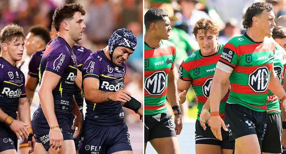 Trent Loiero and Jamie Humphreys with Storm and Rabbitohs teammates.