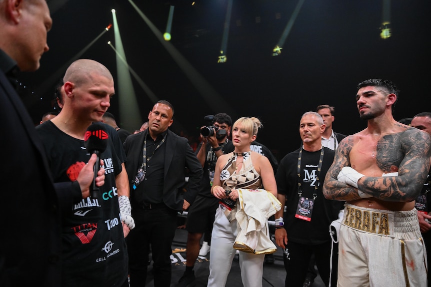 Nikita Tszyu looks at Michael Zerafa